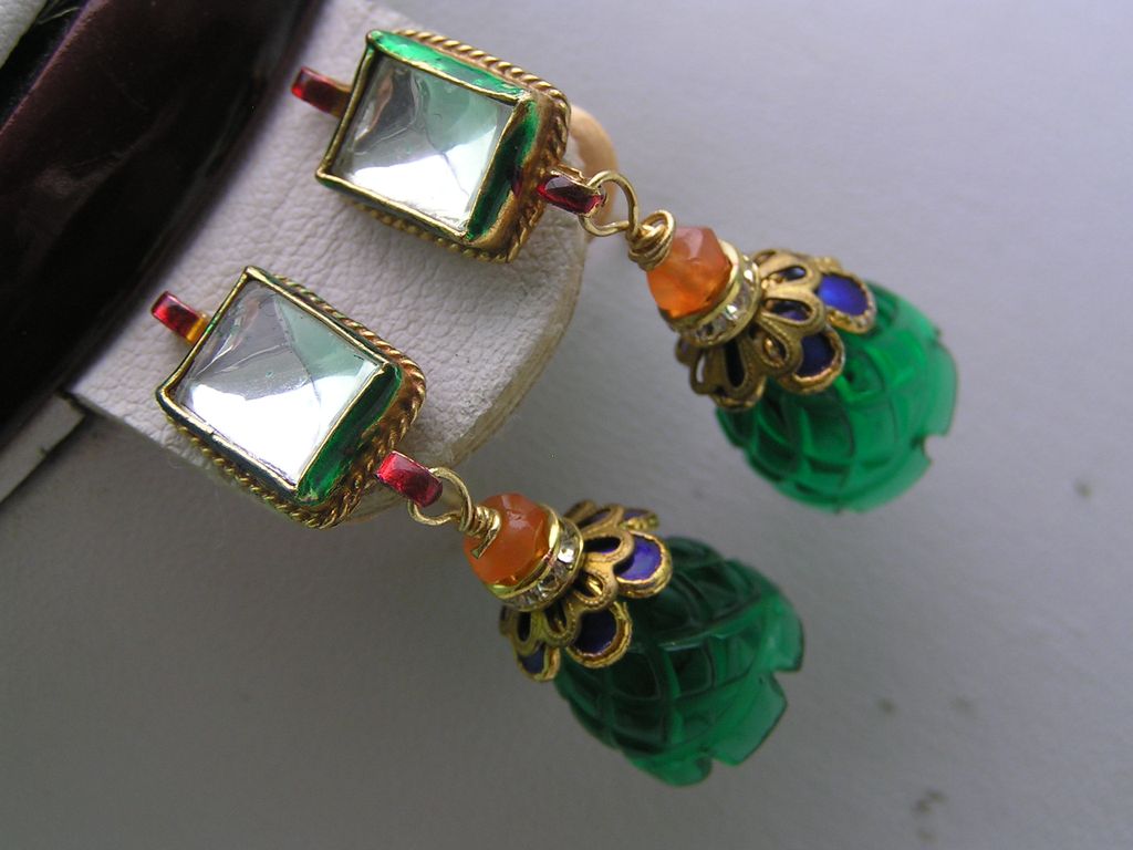 Artisan Mughal Inspired Foil Glass Enamel Dangle Earrings Artisan Mughal Inspired Foil Glass Enamel Dangle Earrings