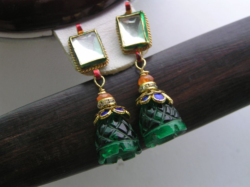 Artisan Mughal Inspired Foil Glass Enamel Dangle Earrings Artisan Mughal Inspired Foil Glass Enamel Dangle Earrings