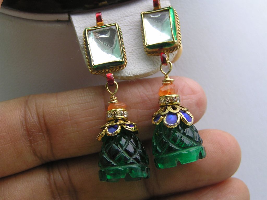 Artisan Mughal Inspired Foil Glass Enamel Dangle Earrings Artisan Mughal Inspired Foil Glass Enamel Dangle Earrings