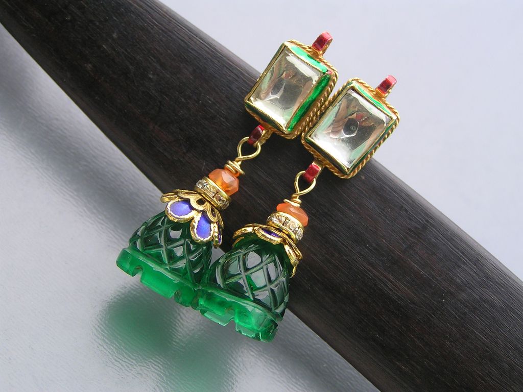 Artisan Mughal Inspired Foil Glass Enamel Dangle Earrings Artisan Mughal Inspired Foil Glass Enamel Dangle Earrings