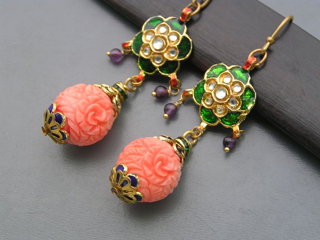 Artisan Mughal Inspired Enamel Carved Glass Dangle Earrings Artisan Mughal Inspired Enamel Carved Glass Dangle Earrings