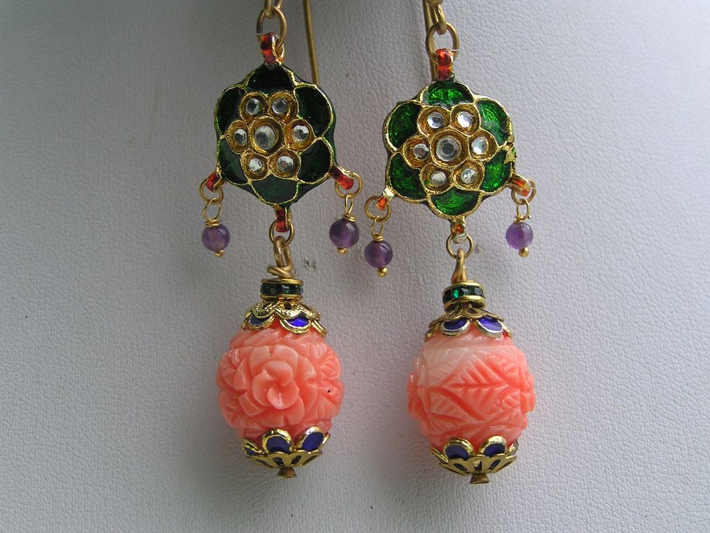 Artisan Mughal Inspired Enamel Carved Glass Dangle Earrings Artisan Mughal Inspired Enamel Carved Glass Dangle Earrings