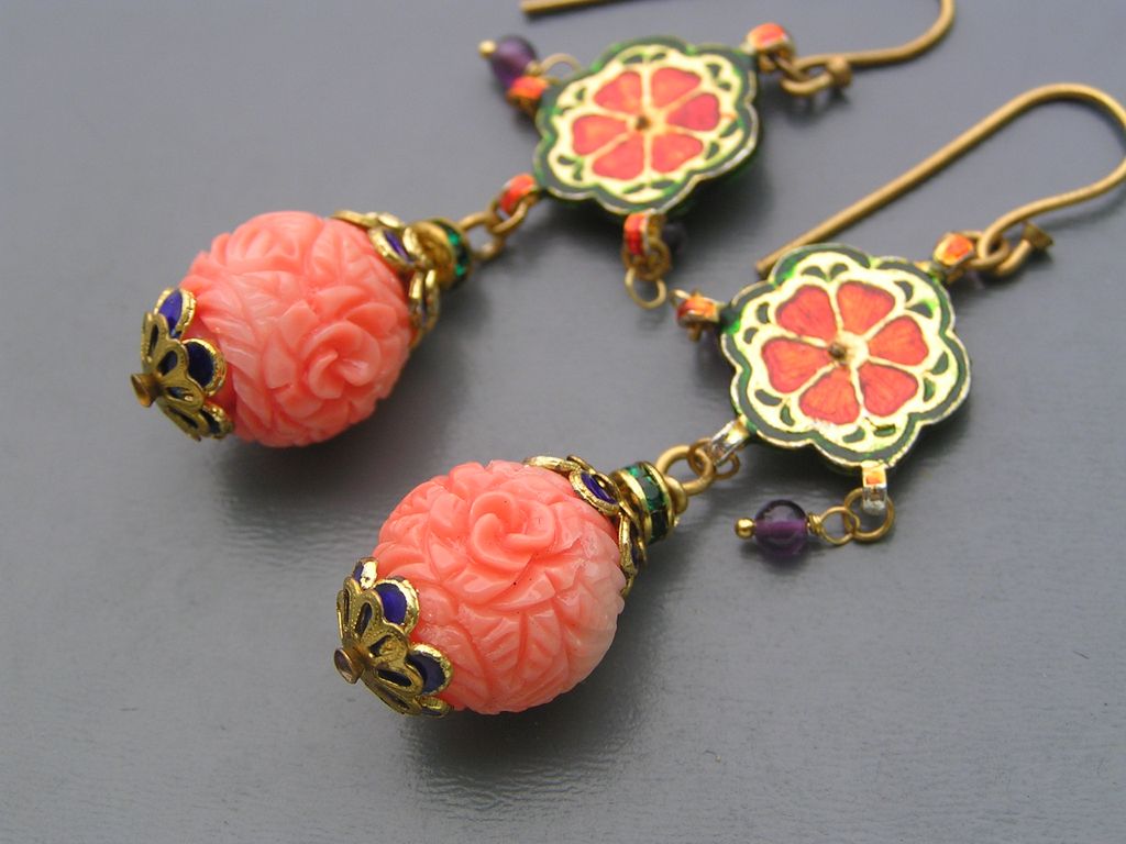 Artisan Mughal Inspired Enamel Carved Glass Dangle Earrings Artisan Mughal Inspired Enamel Carved Glass Dangle Earrings