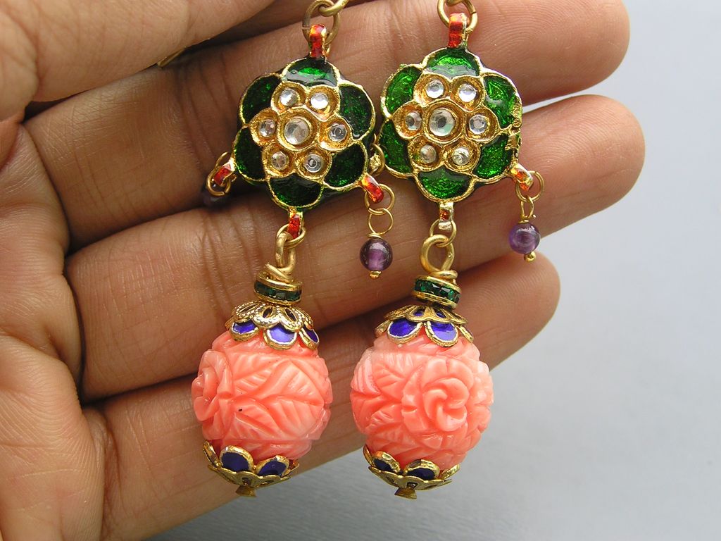 Artisan Mughal Inspired Enamel Carved Glass Dangle Earrings Artisan Mughal Inspired Enamel Carved Glass Dangle Earrings