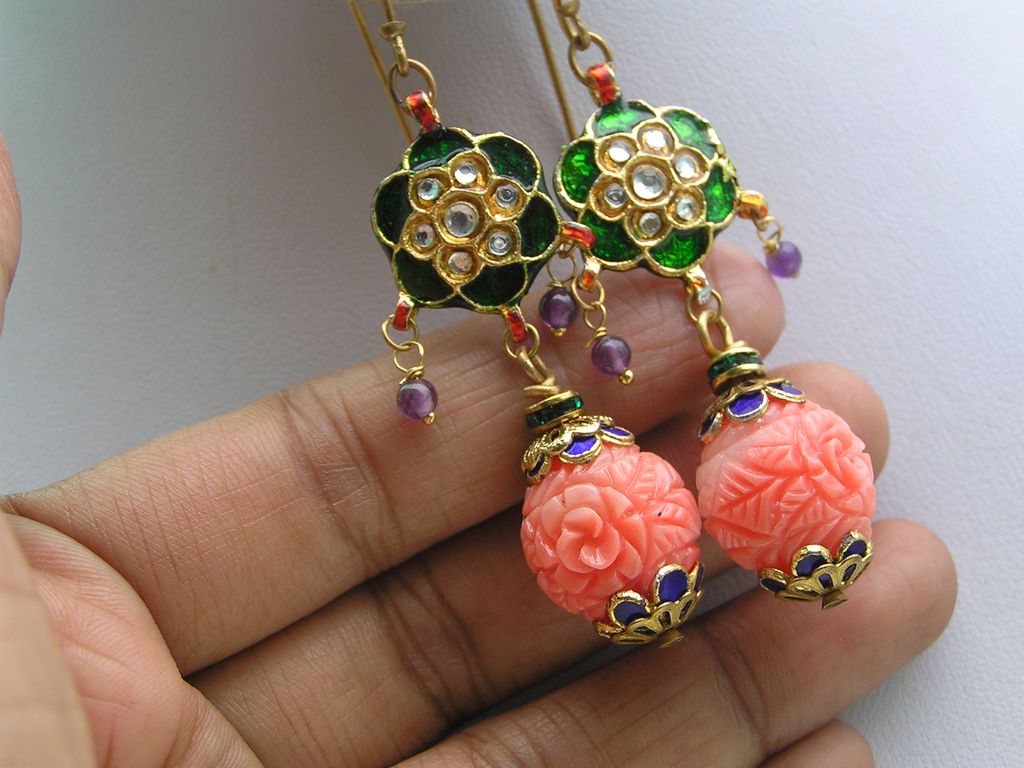 Artisan Mughal Inspired Enamel Carved Glass Dangle Earrings Artisan Mughal Inspired Enamel Carved Glass Dangle Earrings