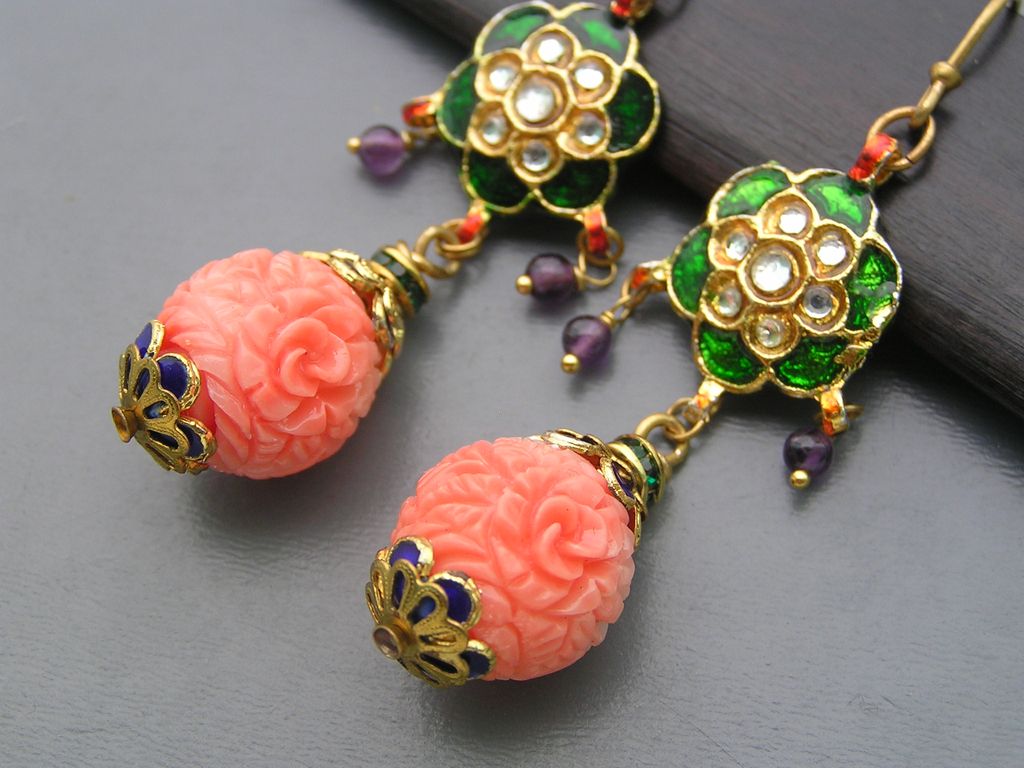 Artisan Mughal Inspired Enamel Carved Glass Dangle Earrings Artisan Mughal Inspired Enamel Carved Glass Dangle Earrings