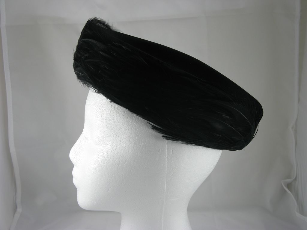 Black Velvet Pill Box Hat With Black Feathers by Mr. James, New York Black Velvet Pill Box Hat With Black Feathers by Mr. James, New York