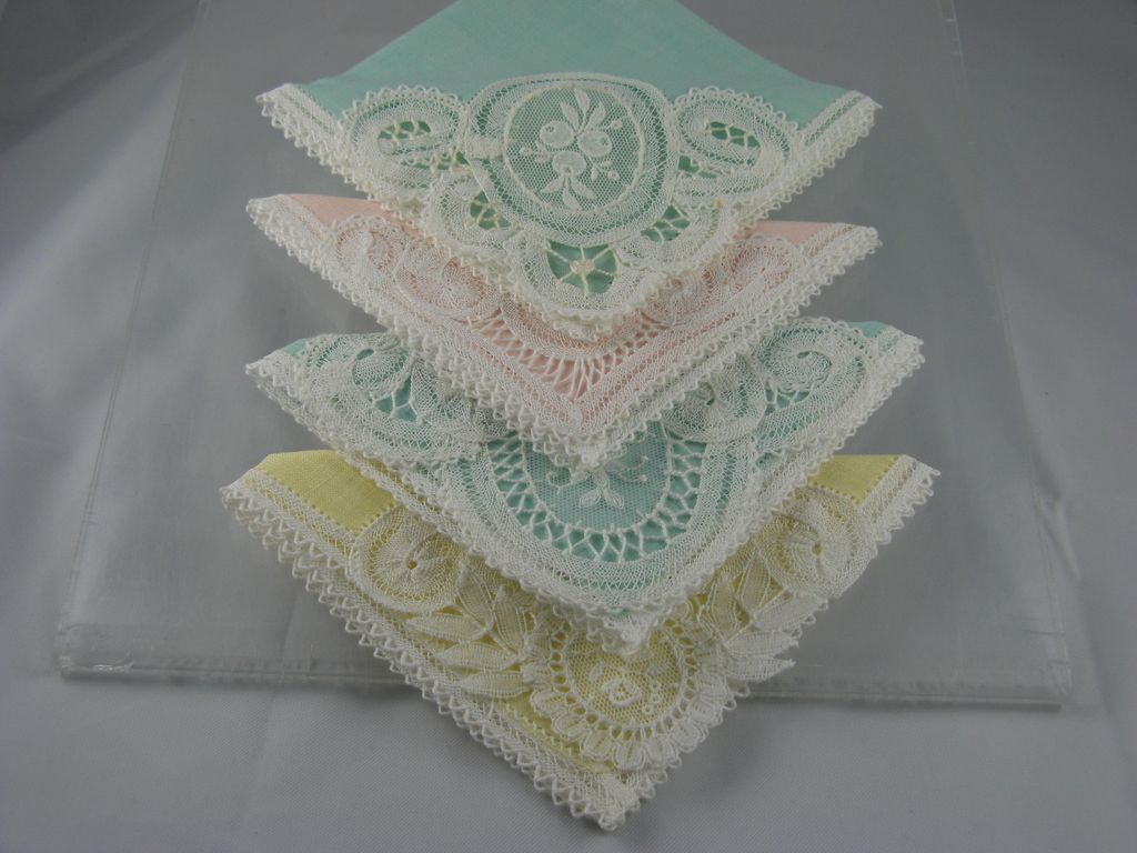 Four Pastel Ladies Handkerchiefs With Lace Inserts Four Pastel Ladies Handkerchiefs With Lace Inserts