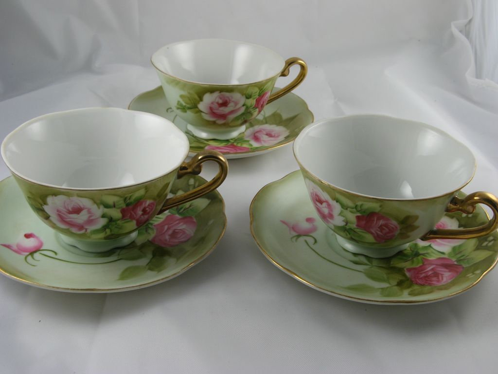 Lefton Green Heritage Footed Cups & Saucers Lefton Green Heritage Footed Cups & Saucers