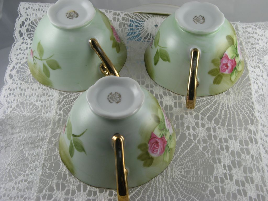 Lefton Green Heritage Footed Cups & Saucers Lefton Green Heritage Footed Cups & Saucers