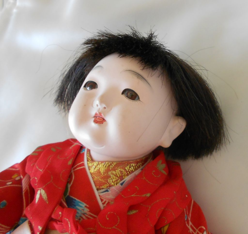 Vintage Christmas Doll Japanese Silk Kimono Real Hair Brown Glass Eyes Gogun Ningyo Vintage Christmas Doll Japanese Silk Kimono Real Hair Brown Glass Eyes Gogun Ningyo