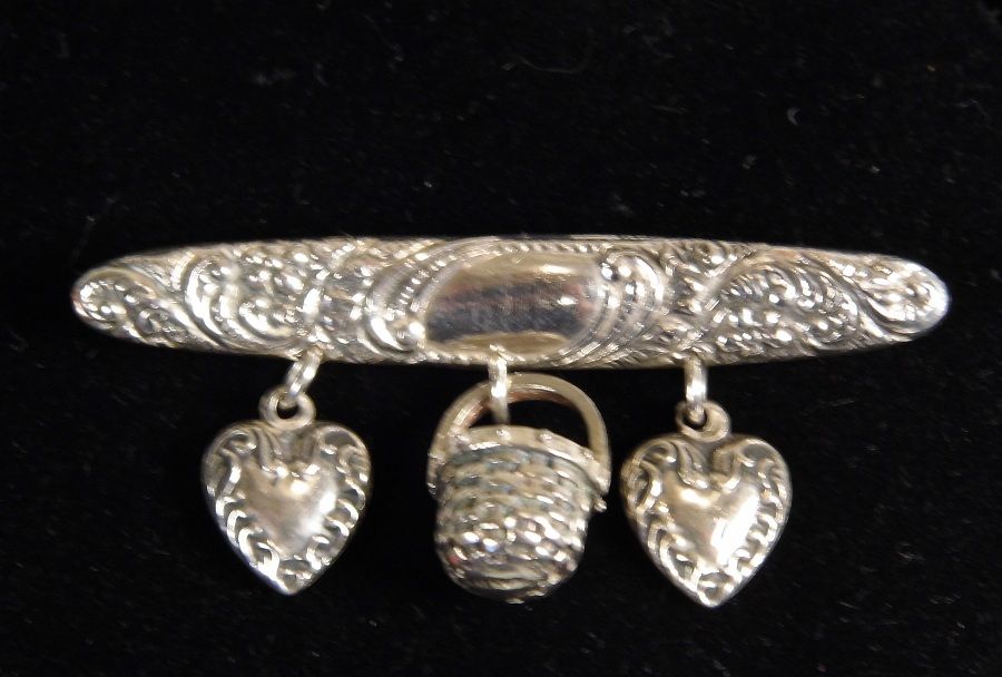 Solid Sterling Silver Repousse Bar Pin with Solid Puffy Hearts & Basket Dangles Solid Sterling Silver Repousse Bar Pin with Solid Puffy Hearts & Basket Dangles