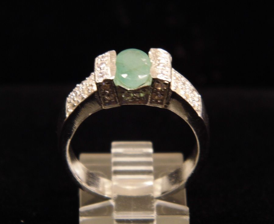 Sterling Silver and Light Green Emerald with CZ Accents Ring size 9 Sterling Silver and Light Green Emerald with CZ Accents Ring size 9