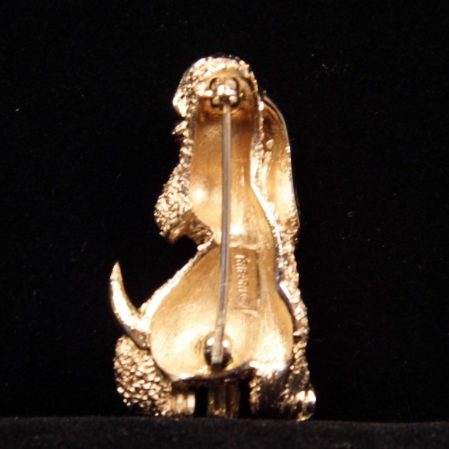 Vintage Goldtone Trifari Sitting Dog with Long Ears & Faux Ruby Eyes Pin Vintage Goldtone Trifari Sitting Dog with Long Ears & Faux Ruby Eyes Pin