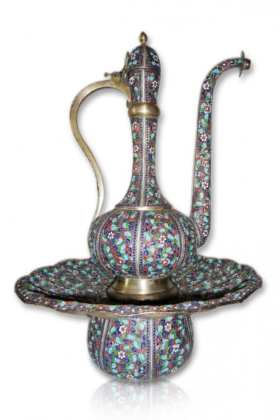 A persian enamelled silver ewer & basin A persian enamelled silver ewer & basin