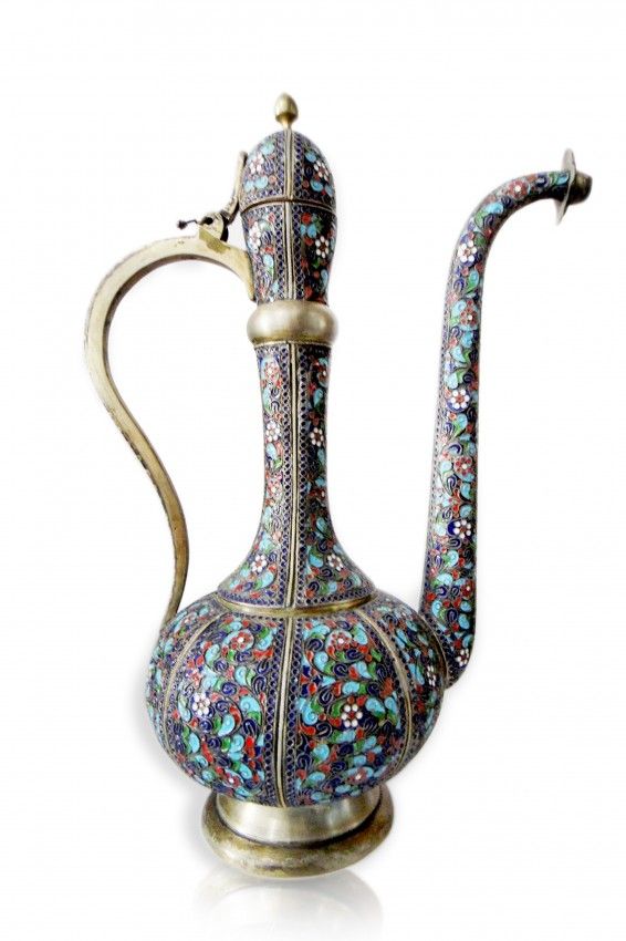 A persian enamelled silver ewer & basin A persian enamelled silver ewer & basin