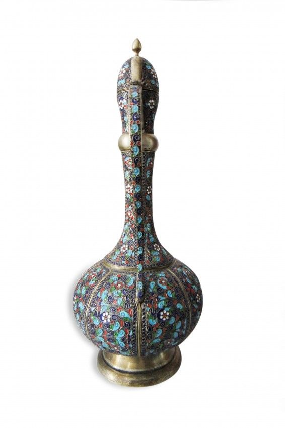 A persian enamelled silver ewer & basin A persian enamelled silver ewer & basin