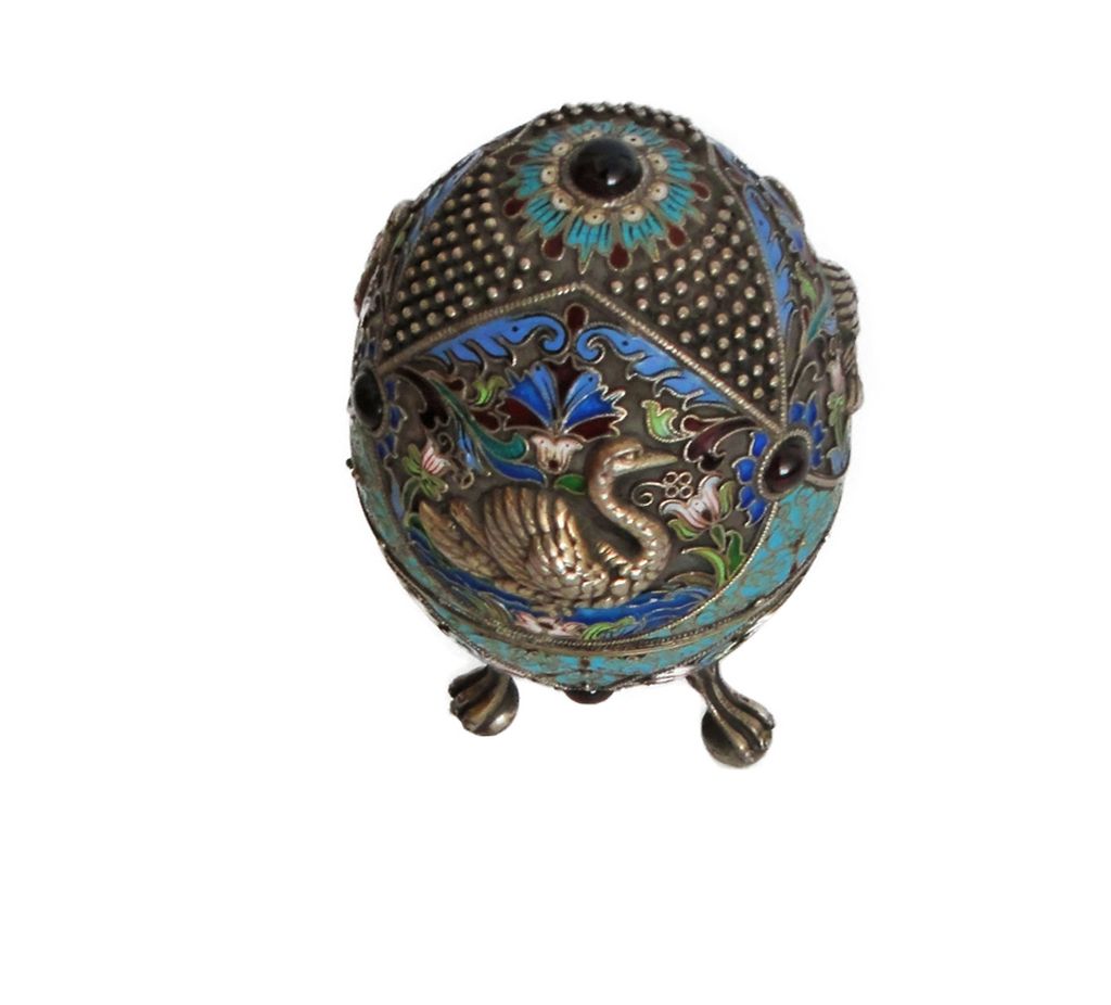 Russian Silver Figueral Jeweled footed Egg Box Russian Silver Figueral Jeweled footed Egg Box