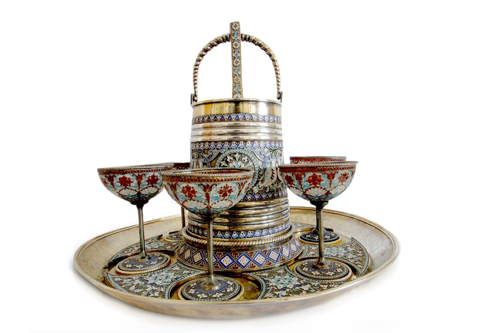 A Russian EnamelA Silver Liqueur set 18th Century A Russian EnamelA Silver Liqueur set 18th Century