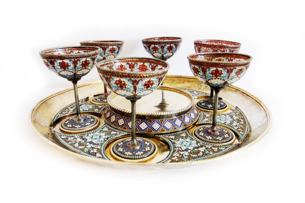 A Russian EnamelA Silver Liqueur set 18th Century A Russian EnamelA Silver Liqueur set 18th Century