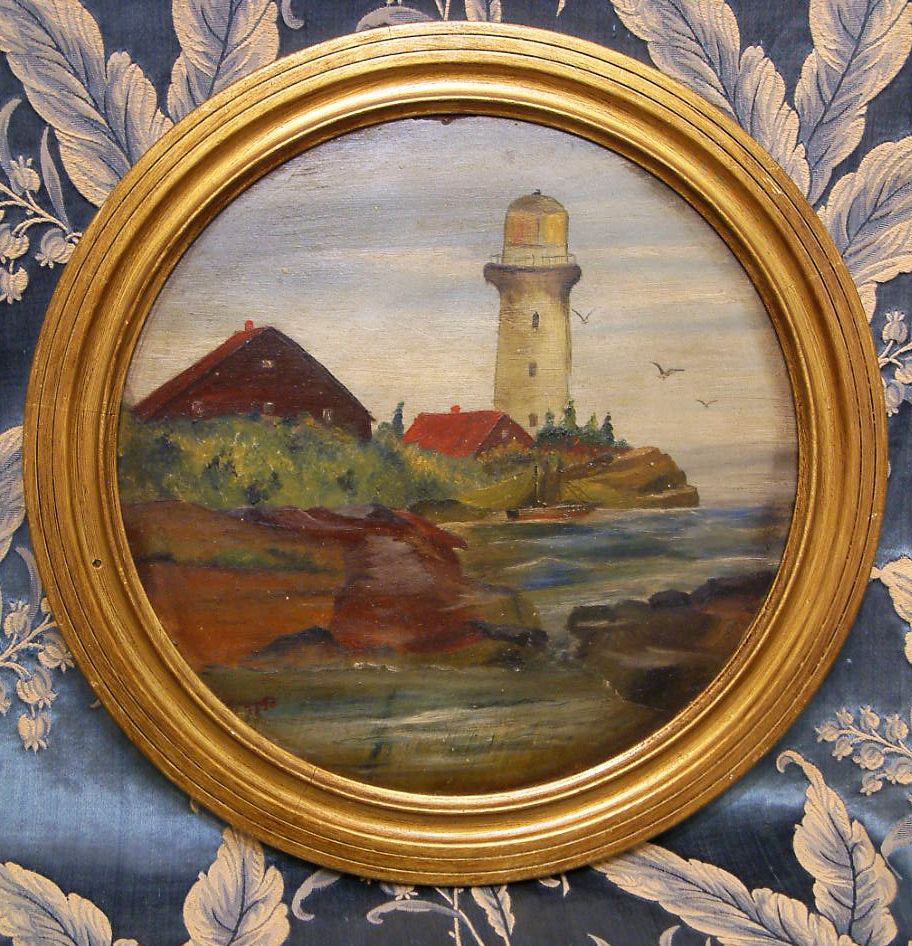 *SIGNED* Quaint Maritime Themed Massachusetts New England Victorian Harbor Antique Roundel Painting! *SIGNED* Quaint Maritime Themed Massachusetts New England Victorian Harbor Antique Roundel Painting!