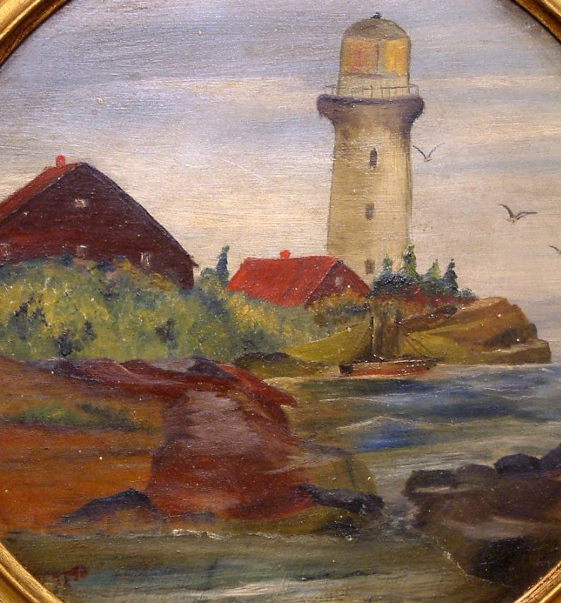 *SIGNED* Quaint Maritime Themed Massachusetts New England Victorian Harbor Antique Roundel Painting! *SIGNED* Quaint Maritime Themed Massachusetts New England Victorian Harbor Antique Roundel Painting!
