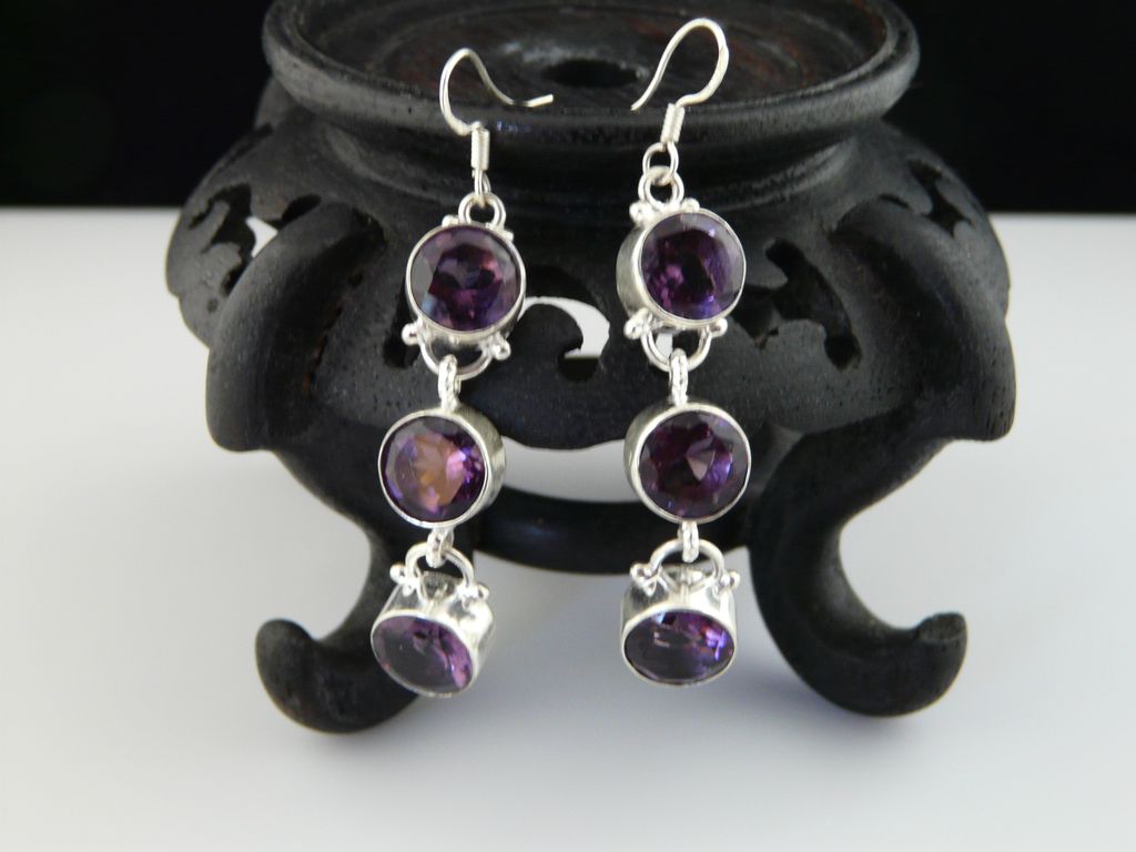 Handmade Long Diamond Cut Amethyst and Sterling Silver Earrings Handmade Long Diamond Cut Amethyst and Sterling Silver Earrings