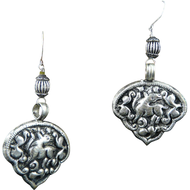 Unique Nepalese ,Hand Chased, Woodland Deer Sterling Silver and Coin Silver Earrings Unique Nepalese ,Hand Chased, Woodland Deer Sterling Silver and Coin Silver Earrings