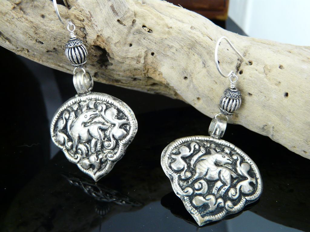 Unique Nepalese ,Hand Chased, Woodland Deer Sterling Silver and Coin Silver Earrings Unique Nepalese ,Hand Chased, Woodland Deer Sterling Silver and Coin Silver Earrings