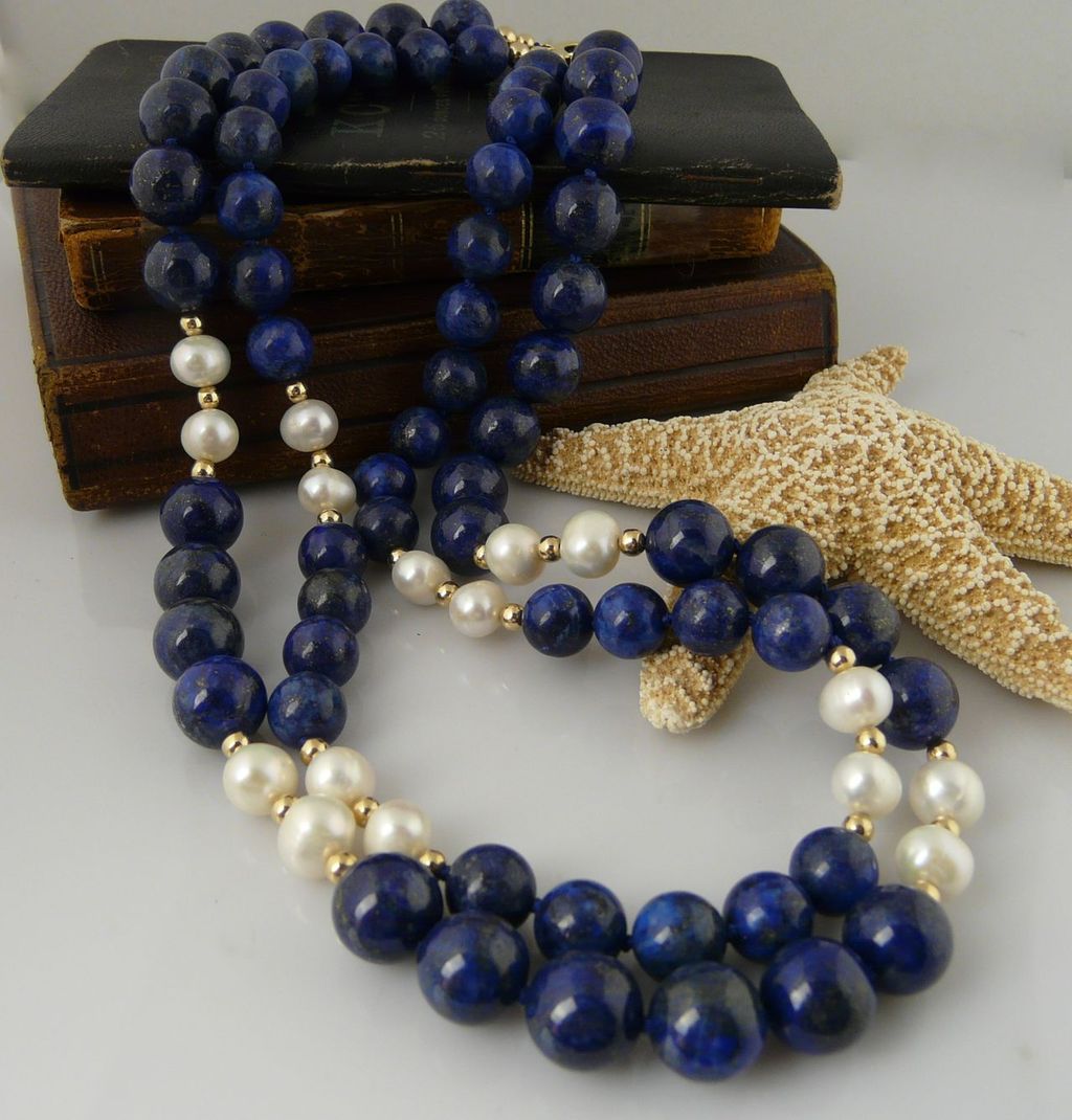 Beautiful and Classic Double Strand Lapis, Cultured Pearl, and 14Kt Gold-Filled Beaded Necklace Beautiful and Classic Double Strand Lapis, Cultured Pearl, and 14Kt Gold-Filled Beaded Necklace