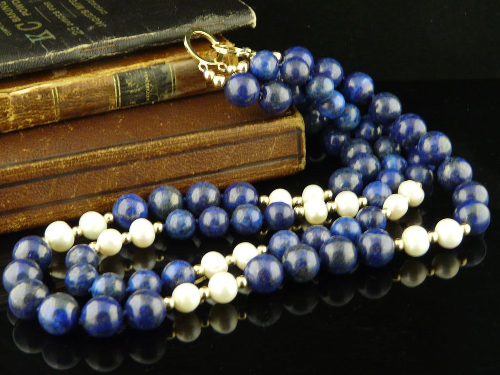Beautiful and Classic Double Strand Lapis, Cultured Pearl, and 14Kt Gold-Filled Beaded Necklace Beautiful and Classic Double Strand Lapis, Cultured Pearl, and 14Kt Gold-Filled Beaded Necklace