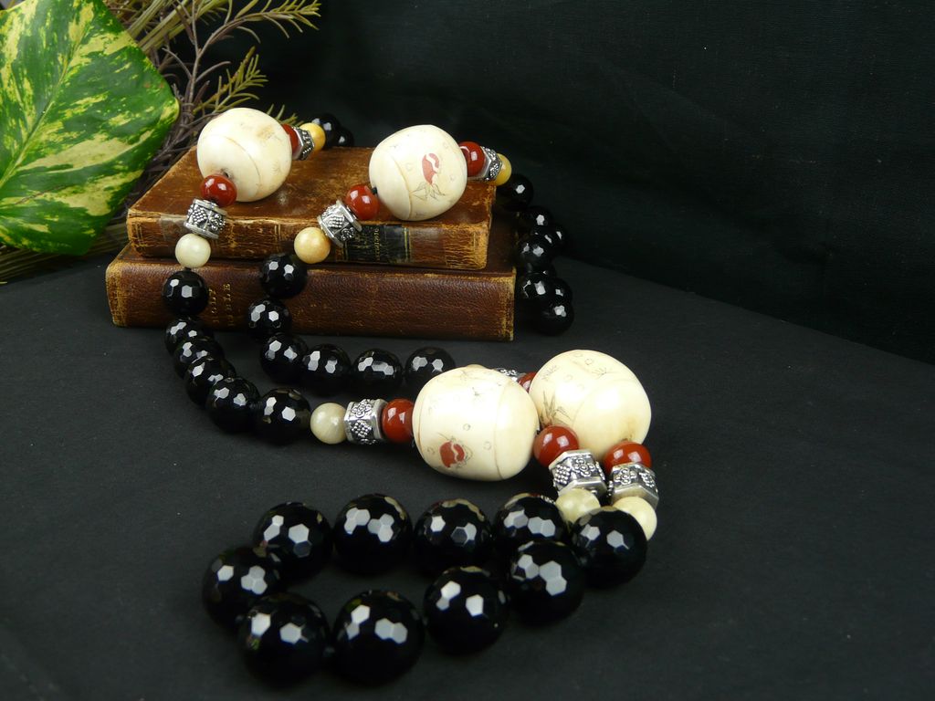 Large, Asian, Faceted Onyx, Sterling Silver, and Hand-Painted Bone Necklace Large, Asian, Faceted Onyx, Sterling Silver, and Hand-Painted Bone Necklace