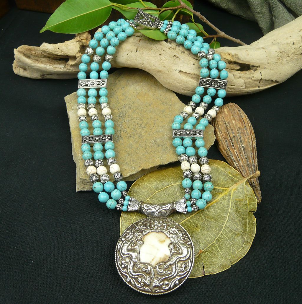 Triple Strand Turquoise, Sterling Silver and Conch Necklace with Pendant Triple Strand Turquoise, Sterling Silver and Conch Necklace with Pendant