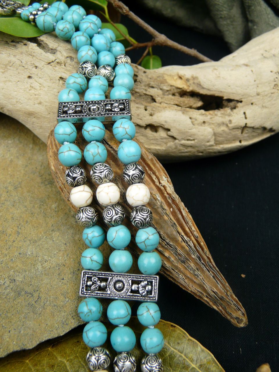 Triple Strand Turquoise, Sterling Silver and Conch Necklace with Pendant Triple Strand Turquoise, Sterling Silver and Conch Necklace with Pendant