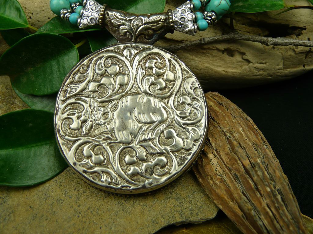 Triple Strand Turquoise, Sterling Silver and Conch Necklace with Pendant Triple Strand Turquoise, Sterling Silver and Conch Necklace with Pendant