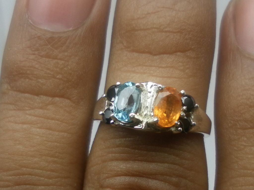 Natural Mandarin Garnet, Blue Zircon & Onyx Silver Ring; FREE SIZING. Natural Mandarin Garnet, Blue Zircon & Onyx Silver Ring; FREE SIZING.