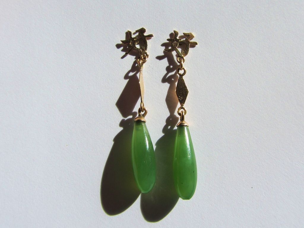 Vintage Estate Genuine Jade Dangle 14k Earrings w/ Chinese Symbols Vintage Estate Genuine Jade Dangle 14k Earrings w/ Chinese Symbols