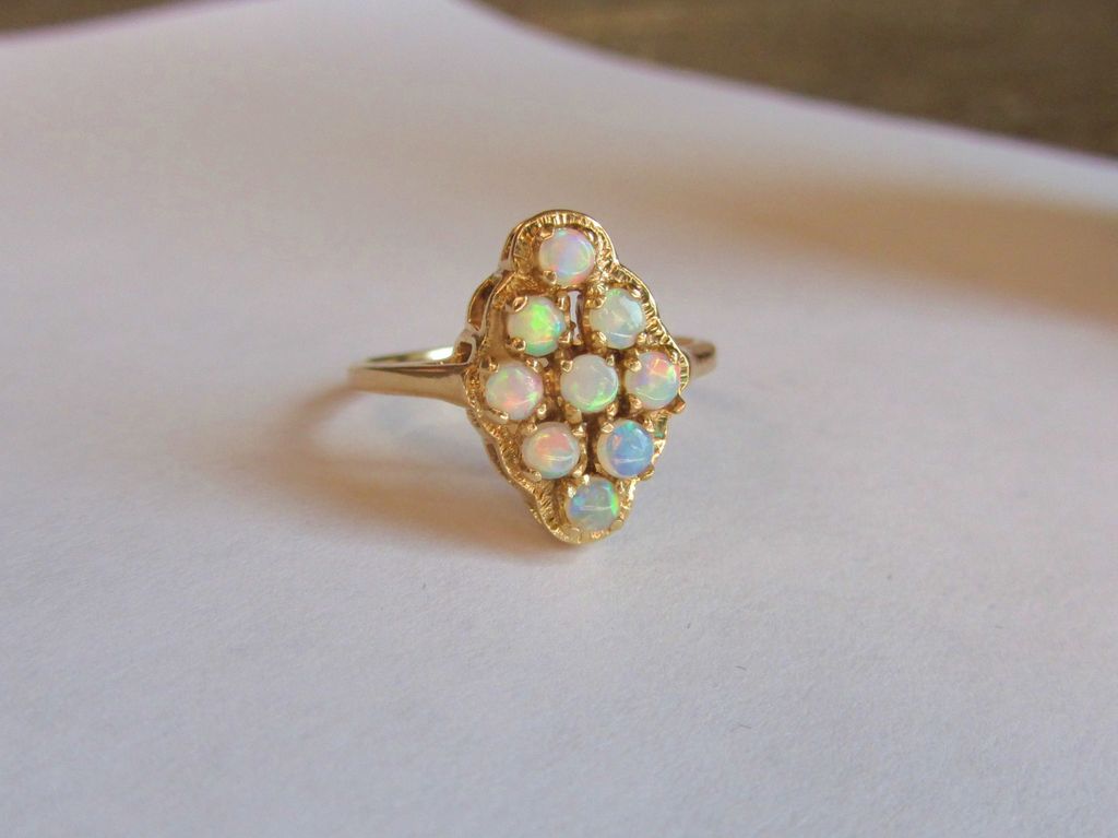 Impressive Vintage Multi-Opal 10K Navette Ring Impressive Vintage Multi-Opal 10K Navette Ring