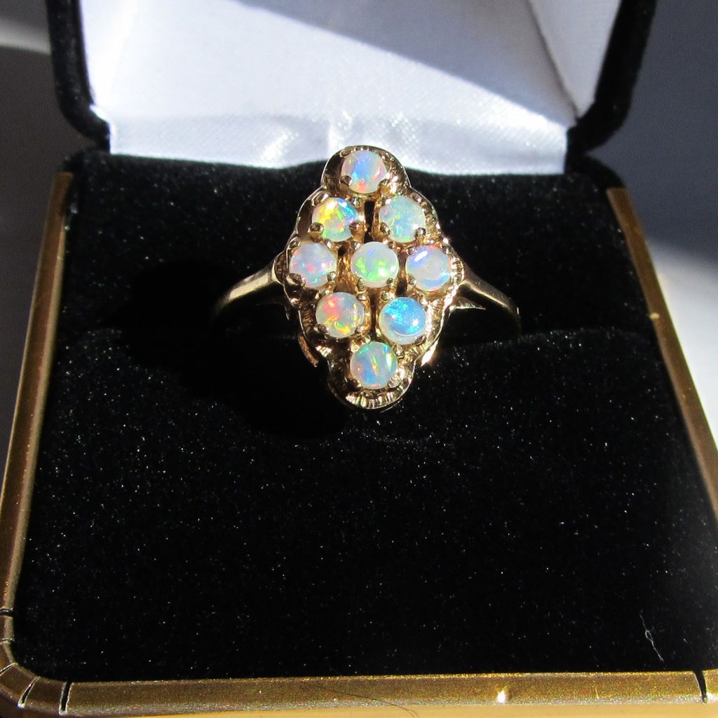 Impressive Vintage Multi-Opal 10K Navette Ring Impressive Vintage Multi-Opal 10K Navette Ring