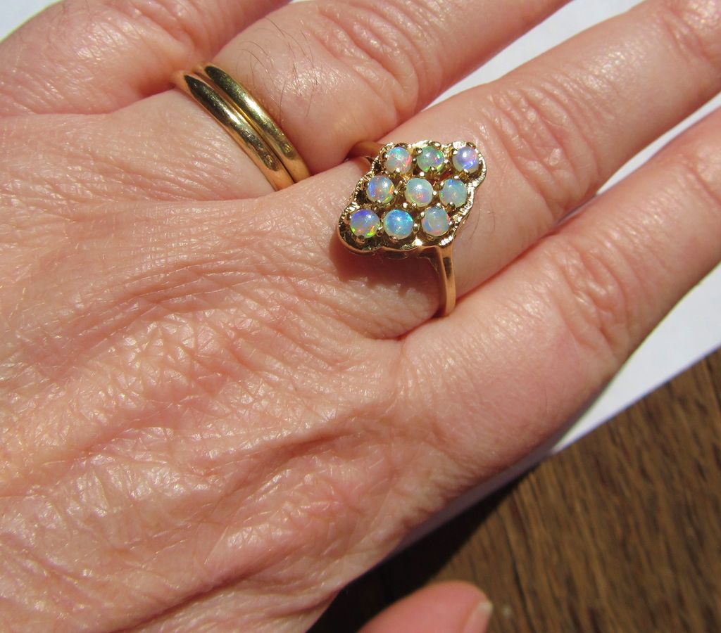 Impressive Vintage Multi-Opal 10K Navette Ring Impressive Vintage Multi-Opal 10K Navette Ring