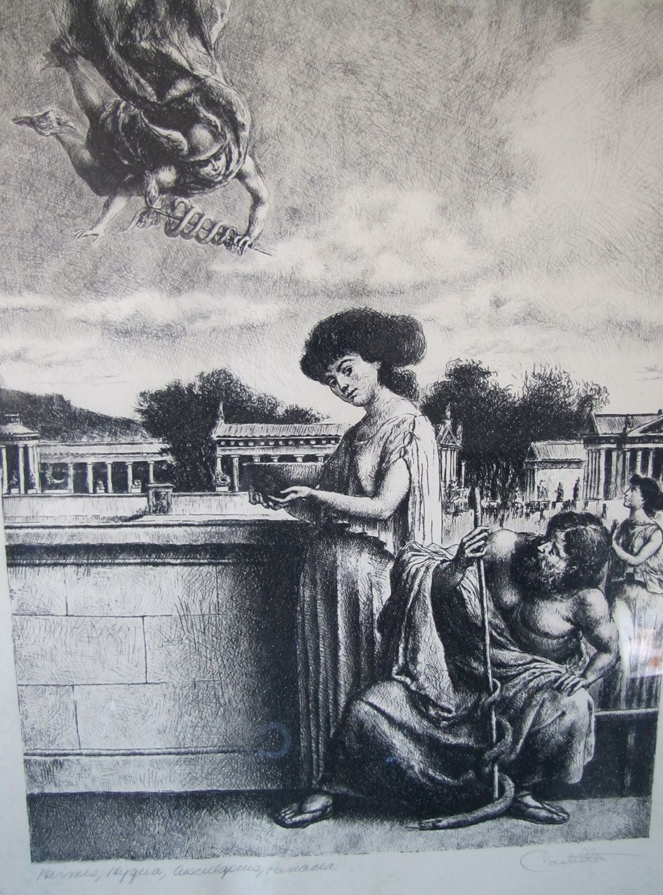 Original French Engraving Print Greek Gods of Medicine Signed by Artist Castello Original French Engraving Print Greek Gods of Medicine Signed by Artist Castello