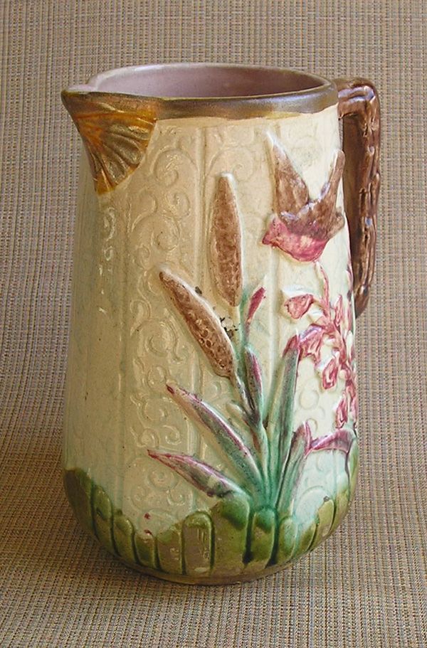 Majolica Pitcher, Bird & Foliage Decoration Majolica Pitcher, Bird & Foliage Decoration