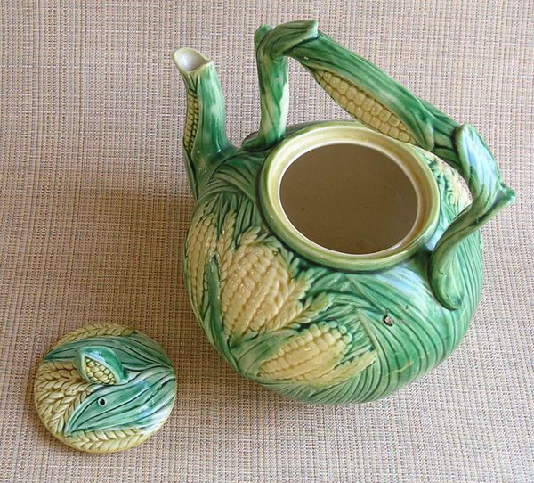 Majolica Teapot, Corn Pattern Majolica Teapot, Corn Pattern