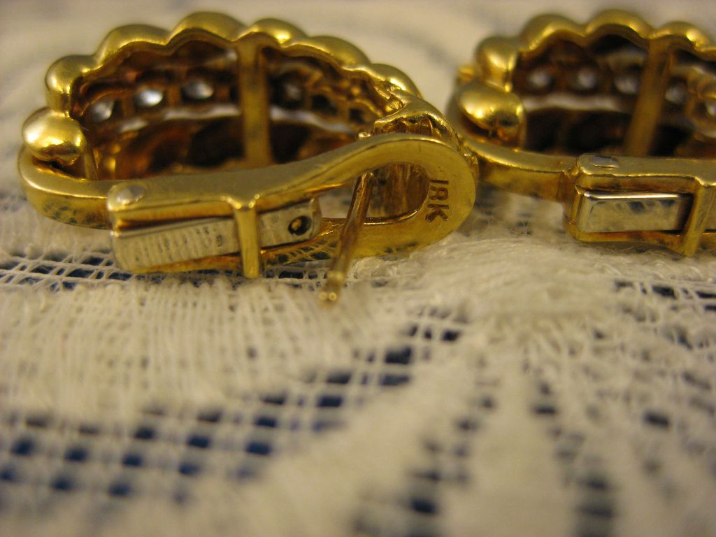 18K Yellow Gold ~ 18 Diamond Semi Hoop Earrings ~ 14.3 Grams 18K Yellow Gold ~ 18 Diamond Semi Hoop Earrings ~ 14.3 Grams