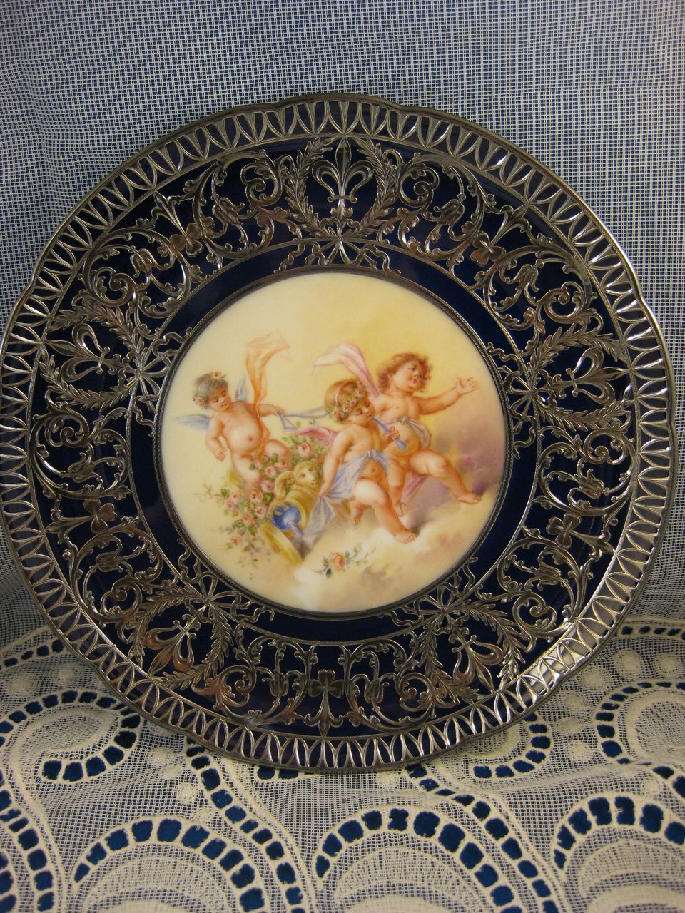 Royal Vienna Style ~ Cherub Handpainted Plate ~ Putti Sterling Silver Overlay Royal Vienna Style ~ Cherub Handpainted Plate ~ Putti Sterling Silver Overlay