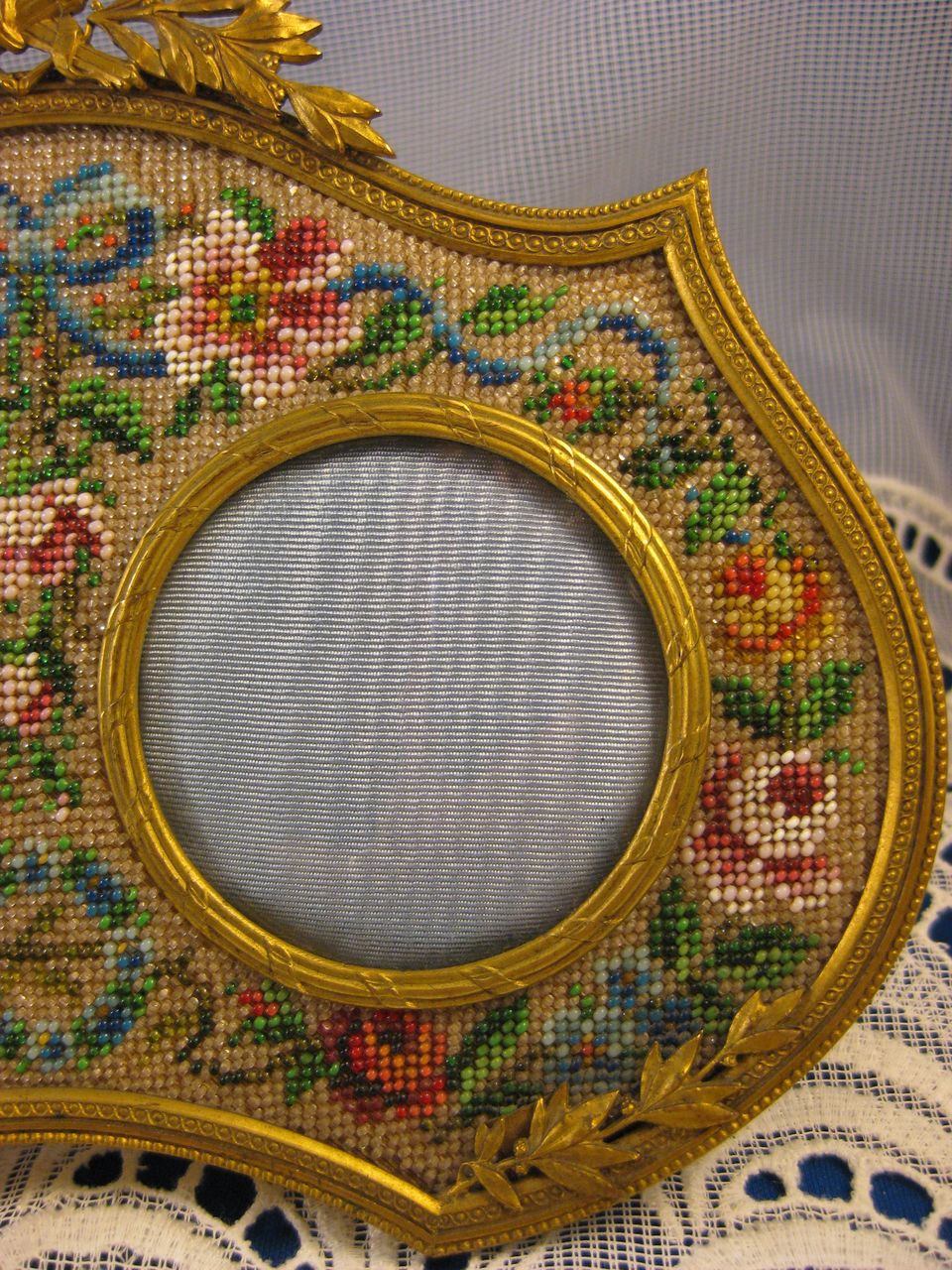 19th C Gilt French Bronze ~ Beadwork Double Picture Frame ~ Wall Hang & Stand 19th C Gilt French Bronze ~ Beadwork Double Picture Frame ~ Wall Hang & Stand