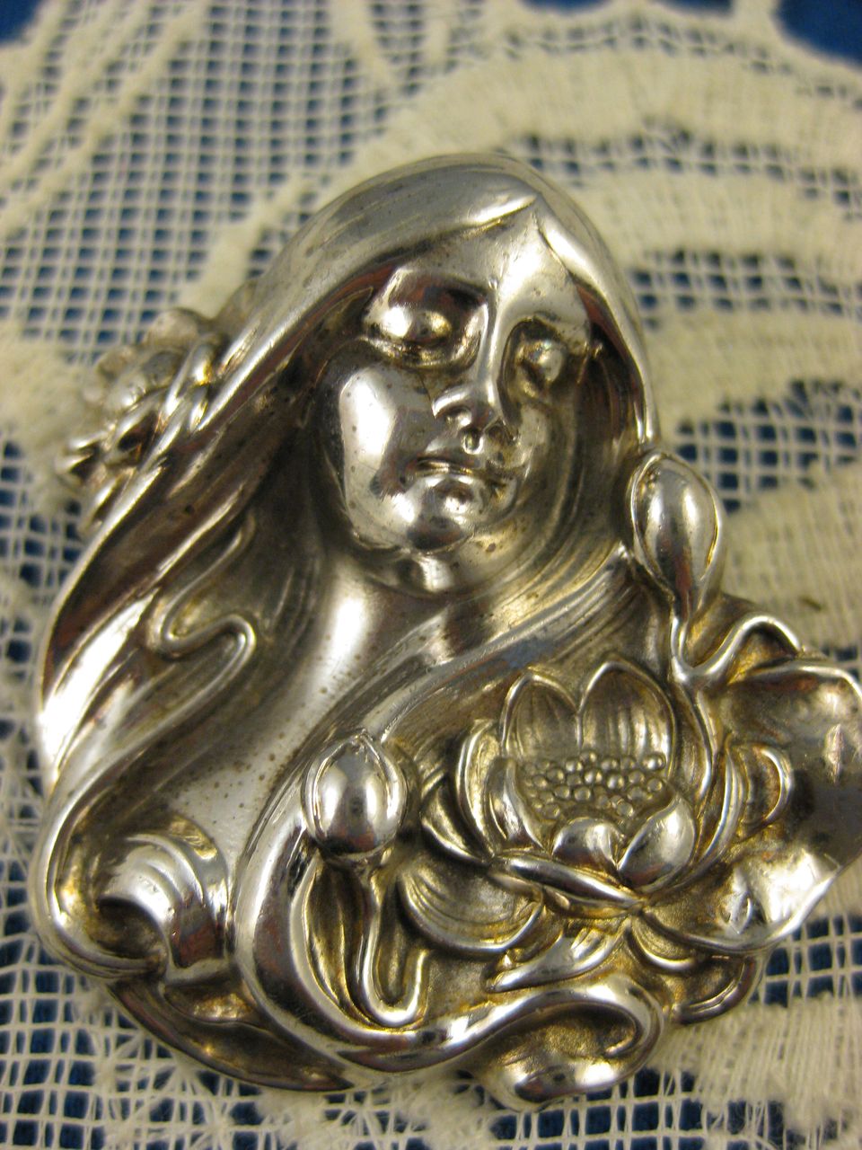 Sterling Art Nouveau ~ Water Lily Maiden Brooch ~ Silver Pin Sterling Art Nouveau ~ Water Lily Maiden Brooch ~ Silver Pin