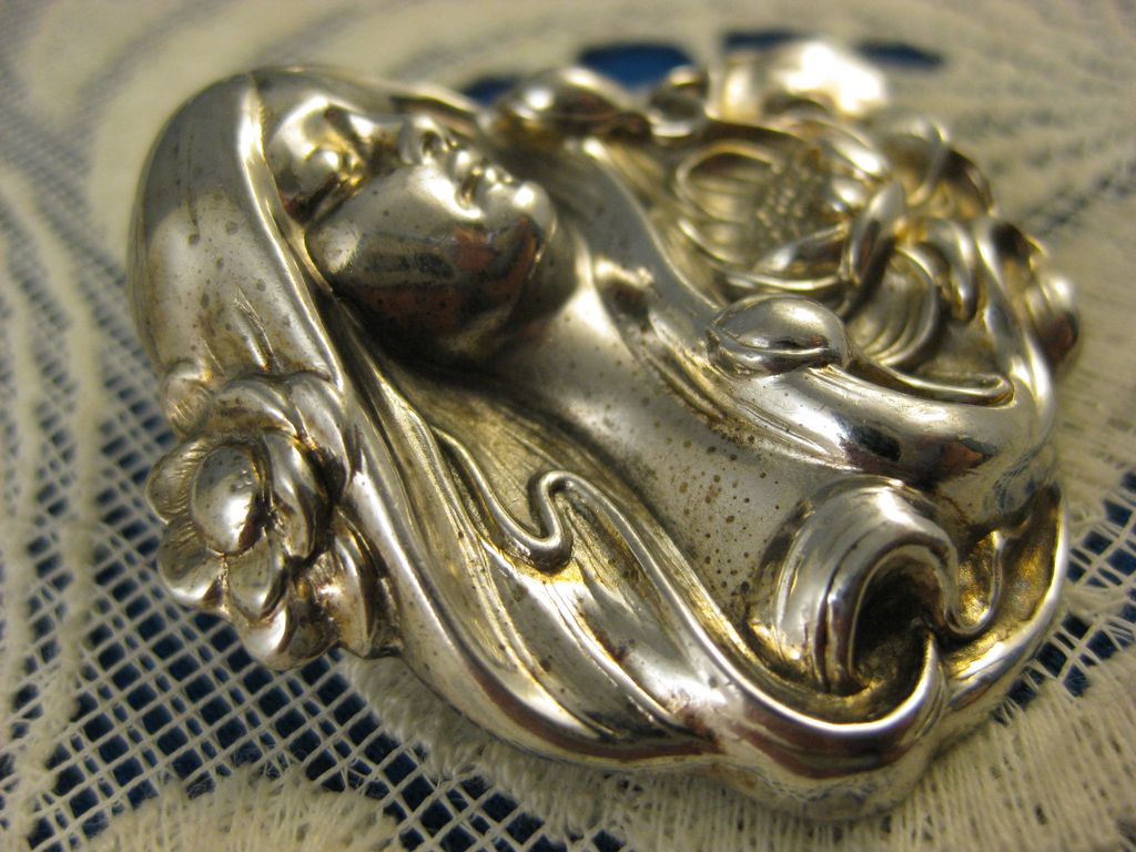 Sterling Art Nouveau ~ Water Lily Maiden Brooch ~ Silver Pin Sterling Art Nouveau ~ Water Lily Maiden Brooch ~ Silver Pin