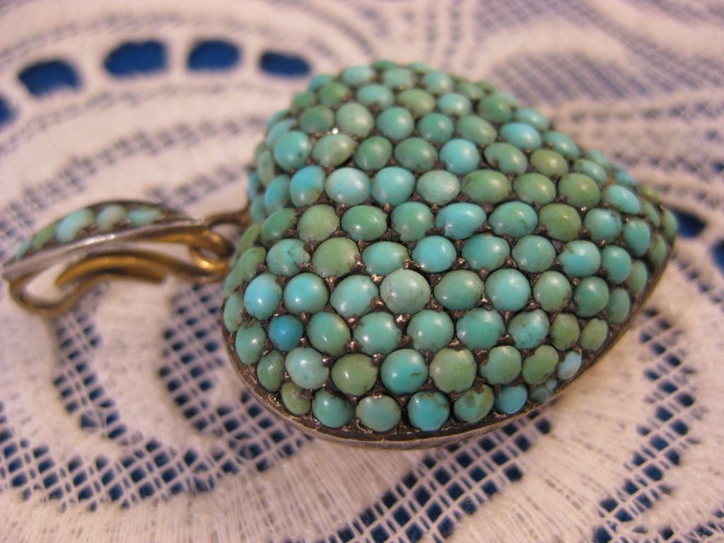Victorian Antique ~ Pave Turquoise Puffy Heart Pendant ~ Sterling Silver Hair Locket Victorian Antique ~ Pave Turquoise Puffy Heart Pendant ~ Sterling Silver Hair Locket