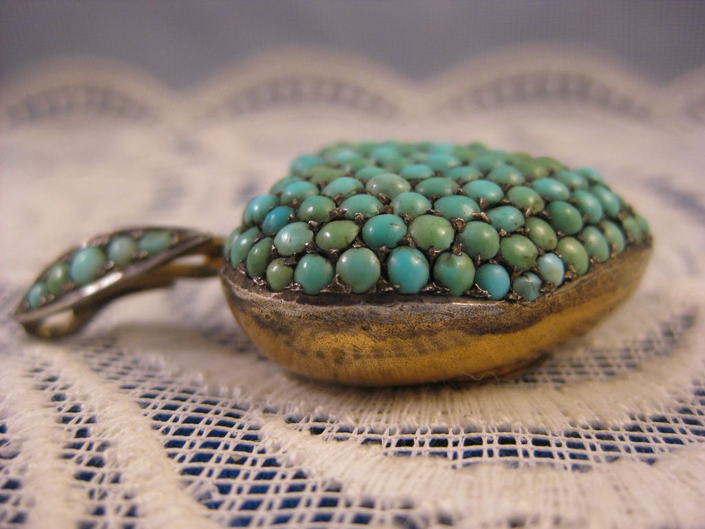 Victorian Antique ~ Pave Turquoise Puffy Heart Pendant ~ Sterling Silver Hair Locket Victorian Antique ~ Pave Turquoise Puffy Heart Pendant ~ Sterling Silver Hair Locket